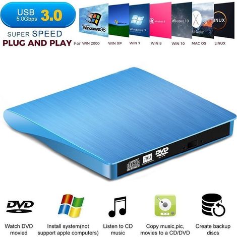 – Lecteur CD/DVD externe USB 3.0 – Vitesse de transfert jusqu'à 5 Gbps – Résistance aux chocs et réduction du bruit – Compatible Windows et Mac (1/5)