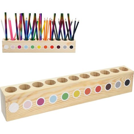 Pot à Crayons de Couleur en Bois, 41 x 5 x 7 cm, Montessori Pot à Crayon Bois Massif à 11 Compartiments Rangement de Bureau pour Crayons de Couleur et Pinceaux, Idéal pour École Bureau Maison (1/5)