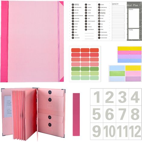 Organiseur 12 pochettes couverture épaisse – factures/chèques/actes, maison/école/bureau, rose (1/5)