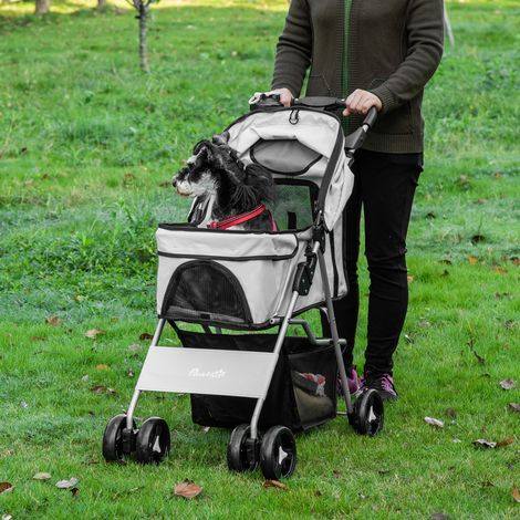 Poussette compacte pliable pour chien 77x45x99,5 cm imperméable en toile Oxford 600D grise, buggy à 4 roues pour animaux (1/5)