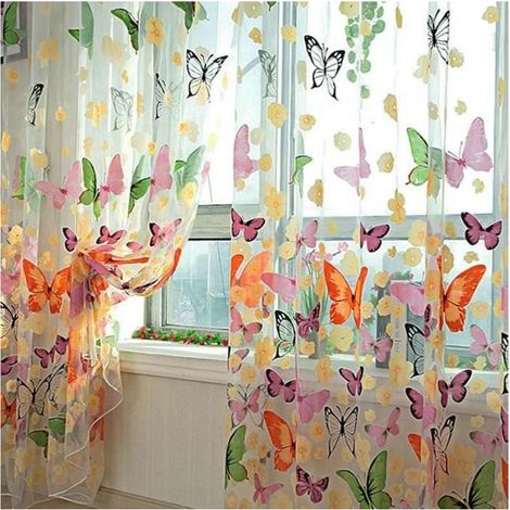 Rideaux Voilage Papillon Fleurs Cantonnière Fenêtre Porte Vitrine Décoration 200x95cm (1/4)