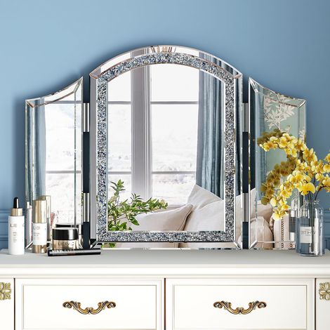 Modern Glam Crystal-Encrusted Tri-Fold Vanity Mirror - Decorative Accent for Bedroom & Dressing Table (1/5)