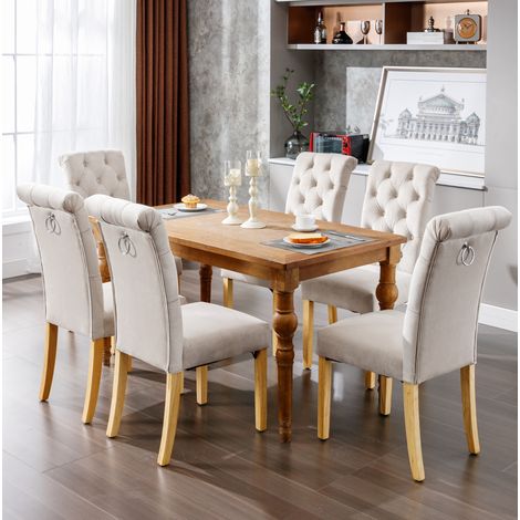 Juego de 6 sillas de comedor de terciopelo beige, patas de roble, con botones DESVIAE (1/5)