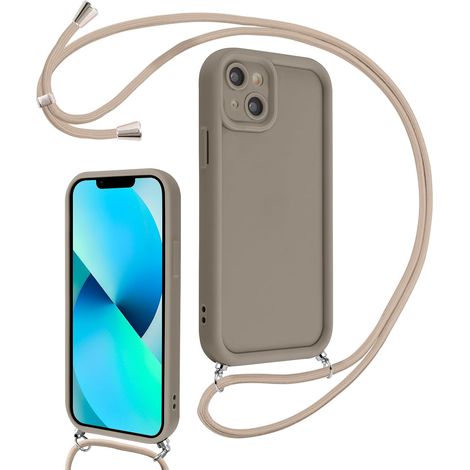 Coque pour iPhone 13 Mini 5,4" avec Cordon de Collier Réglable, Etui Protection de la Caméra Silicone Souple TPU Antichoc Housse avec Corde Lanyard Cover pour Femmes Filles, Kaki (1/5)