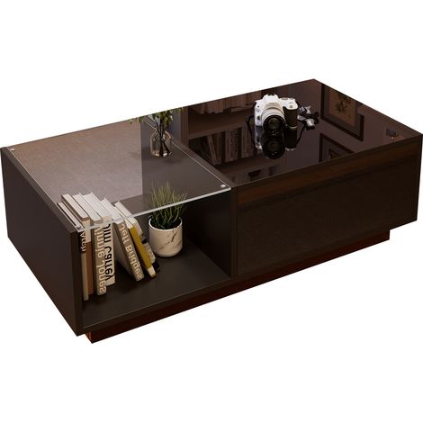 Table basse LED réglable en hauteur 33–46,5 cm avec rangement caché et étagère. Design fonctionnel et moderne pour le salon.-Go
