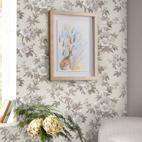Papier peint intissé Laura Ashley fleurs Rosamund Natural 1005 x 52cm Gris, beige