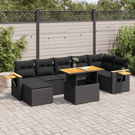 Set sofás jardín y cojines 8 pzas ratán sintético acacia negro vidaXL (1/5)