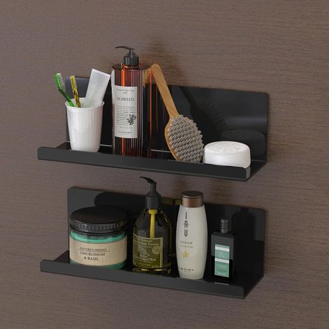 Lot de 2 étagères murales en acrylique noir, sans perçage, 25 cm, autocollantes, adaptées à la cuisine, aux photos suspendues et à la salle de bain, étagères de rangement magnétiques (1/5)