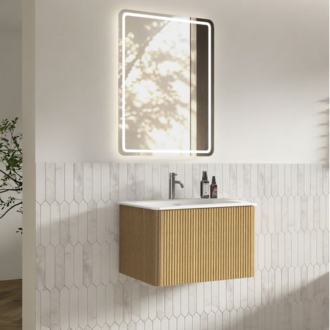 Meuble de salle de bain suspendu avec vasque et miroir LED 60 x 80 cm, chêne, OKMYHOME (1/5)