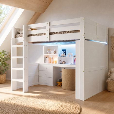 Cama alta infantil 140 x 200 cm con LED, escritorio, armario y almacenaje, blanco OKMYHOME (1/5)