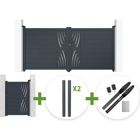 Puerta batiente VELETA de 3 m y 140 cm de altura, color gris + puerta peatonal VELETA de 1 m y 140 cm de altura + 4 postes + motor Hicker B200
