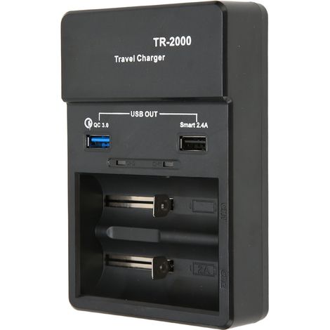 Chargeur intelligent 2 emplacements 18650, sortie USB QC3.0, compatible 26650/18650/18350/17670/17500/16340/14500/AA/AAA/SC/C, prise US 110-240V (1/5)