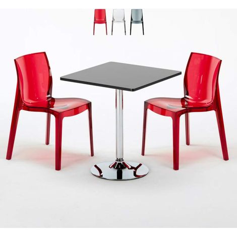 Table Carrée Noire 70x70cm Avec 2 Chaises Colorées Grand Soleil Set Intérieur Bar Café Femme Fatale Phantom - Rouge transparent (1/5)