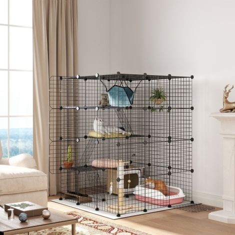 Indoor Steel Wire Cat Cage with Hammock and Ramps, DIY Enclosure for 1-3 Cats, Black Color (1/5)