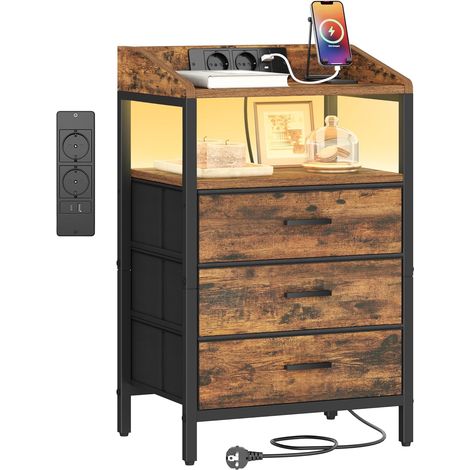 Comodini con Luci LED e Stazione di Ricarica, Tavolino con Porte USB e Prese di Corrente, Comodini con Ripiano Aperto per Camera da Letto, Soggiorno,Marrone Vintage e Nero (1/5)