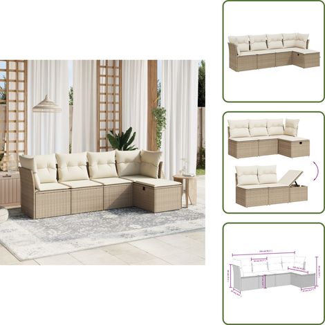5-tlg. Garten-Sofagarnitur mit Kissen Beige Poly Rattan - Gartengestell - Gartenmöbel Set - Outdoor Sofa - Lounge Set - Rattan Gartenmöbel (1/5)
