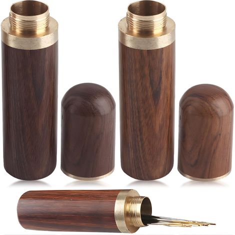 CAILI 2 pezzi scatola per aghi, astucci rotondi in legno per aghi, porta aghi - scatola per riporre gli aghi da cucito, da viaggio, mini tubo per stuzzicadenti, legno (marrone e marrone scuro) (1/5)