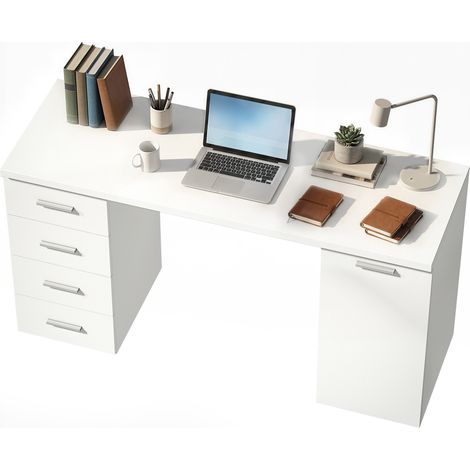 Computertisch mit 4 Schubladen und Schrank, 140 cm Büroarbeitstisch, weiße Holzoptik