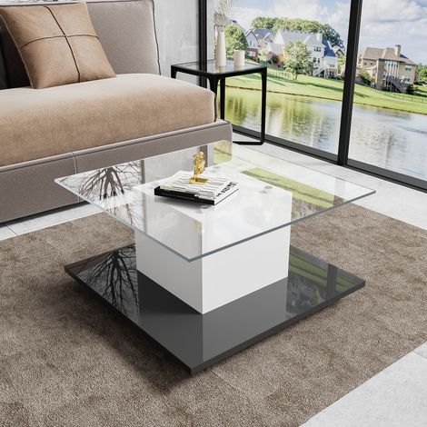 Okwish – Table basse carrée blanche et noire – Plateau en verre trempé – Dimensions 80x80x40 cm – Roulettes pivotantes avec freinage (1/5)