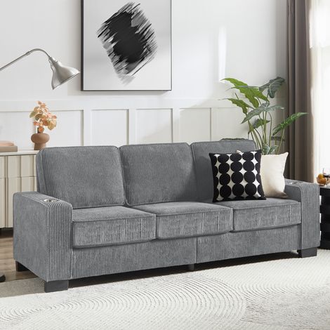 Divano 3 posti 206x72x86 cm grigio, con portabicchieri, in tessuto a coste, design moderno MEUBLIV