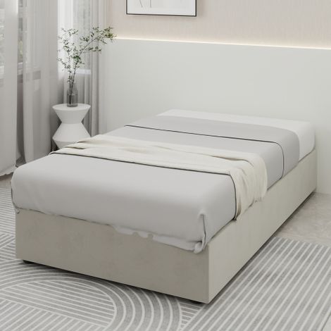Lit coffre 90 x 200 cm -Lit enfant avec sommier à ressorts à gaz - Tissu velours beige - Sans tête de lit,sans matelas (1/5)