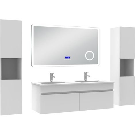 Acezanble Ensemble meuble 120 cm blanc, lavabo céramique + 2 colonnes hautes + Miroir salle de bain Bluetooth avec 3 couleurs dimmable, suspendu (1/5)