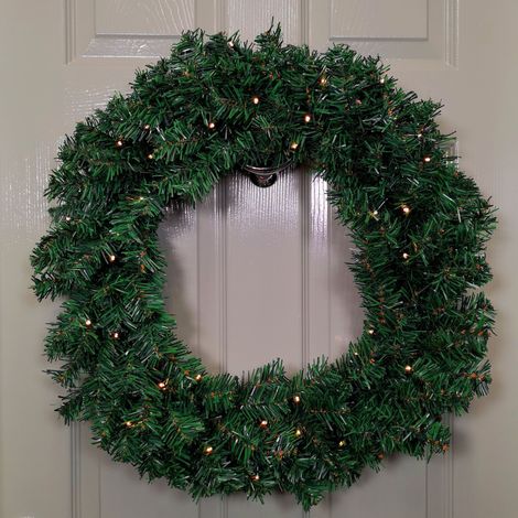 60cm Pre Lit Plain Green Christmas Wreath with Warm White LEDs and 160 Tips (1/5)