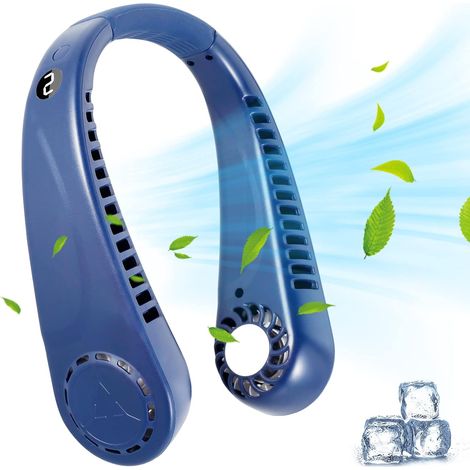 (Bleu) Ventilateur de cou portable, mini ventilateur de poche rechargeable par USB, silencieux, 5 vitesses, affichage LED, réglable à 360° (1/5)