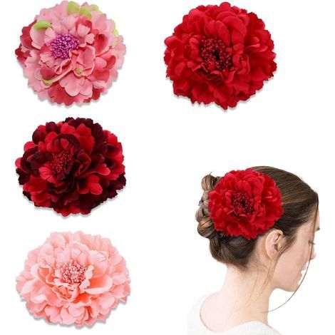 Set di 4 fermagli per capelli a forma di peonia rossa, accessori per matrimoni e feste, eleganti mollette decorative da 11 cm per diverse acconciature e abiti. (1/5)