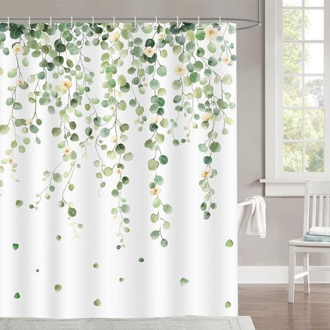 Rideau de Douche Feuilles Vertes d’Eucalyptus 180x180cm, Rideaux de Douche Tissu Polyester Imperméable Anti Moisissure Lavable pour Baignoire et Bain avec 12 Crochets
