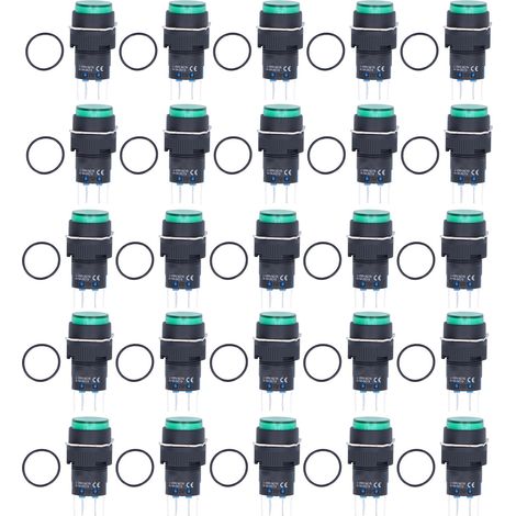 Bouton poussoir lumineux 12V vert 16mm rond 8 broches autobloquant momentané – 25 pièces pour contrôle (1/5)
