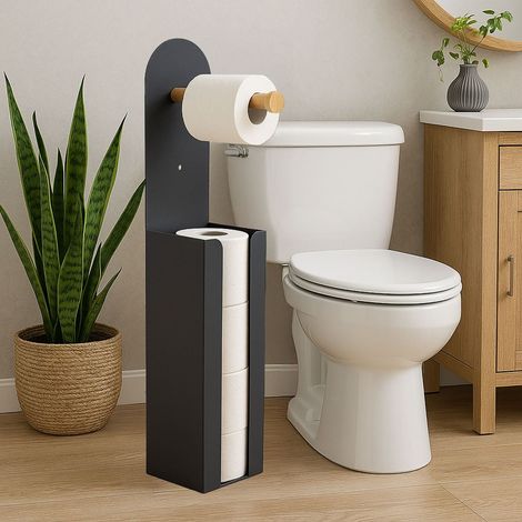 Porte rouleau de papier toilette 2 en 1 sur pied bambou et metal