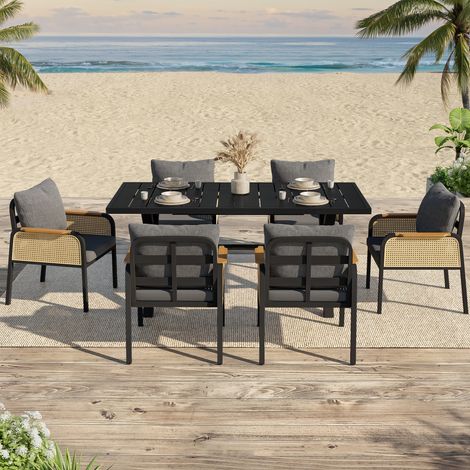 Ensemble canapé extérieur moderne multi-personnes cadre fer accoudoirs tressés,coussins d’assise inclus pour loisirs détente.