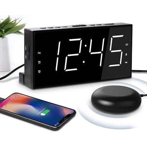 GENERIC-Réveil à Vibration Efficace avec Agitateur de Lit, Réveil Numérique à Écran LED 7'' pour Sourds, Malentendants, Gros Dormeurs, Réveil Double, Snooze/Roupillon, Charge USB, DST 12/24H (1/5)