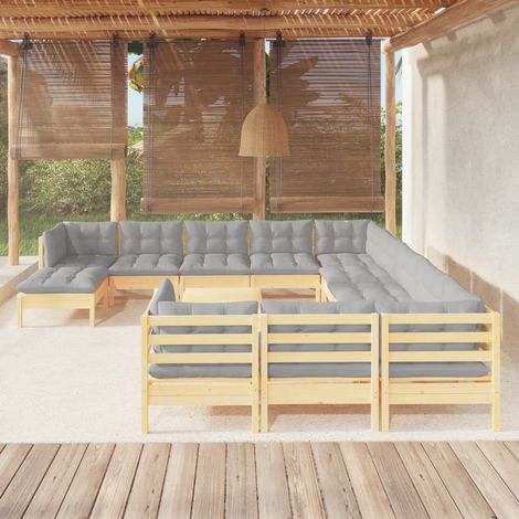 INLIFE Salon de jardin 13 pcs avec coussins gris Bois de pin (1/5)