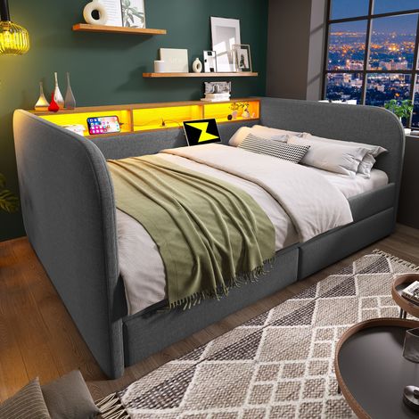 Lit banquette 140x190 cm en lin avec LED, USB-C, 2 tiroirs rangement, tête de lit courbée et sommier à lattes - Gris (Sans Matelas) (1/5)