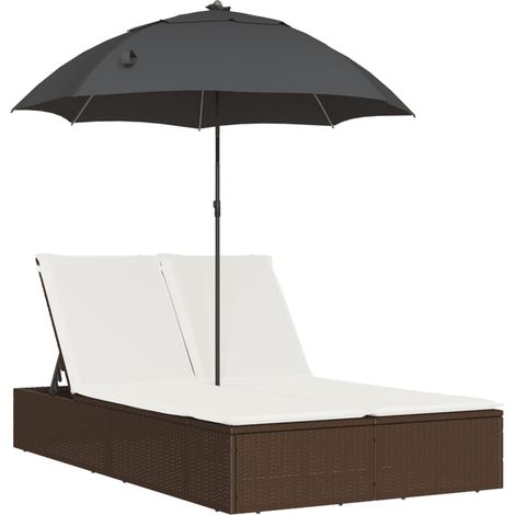Maison Exclusive - Lettino Prendisole Doppio Cuscini e Parasole Marrone Polyrattan