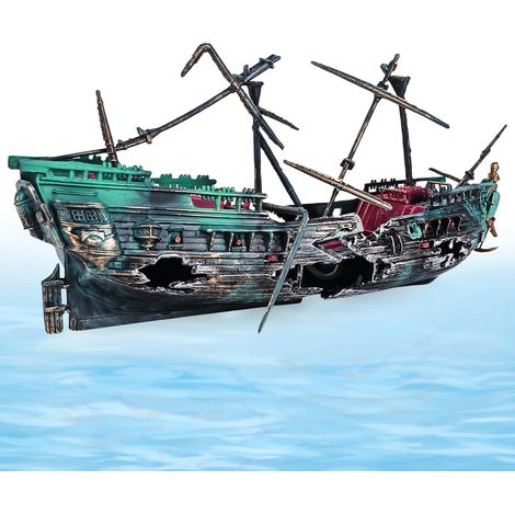 Décoration d'Aquarium - Épave de Bateau Pirate - Pompe à Air Alimentée - Décor d'Action (Vert Foncé) (1/5)