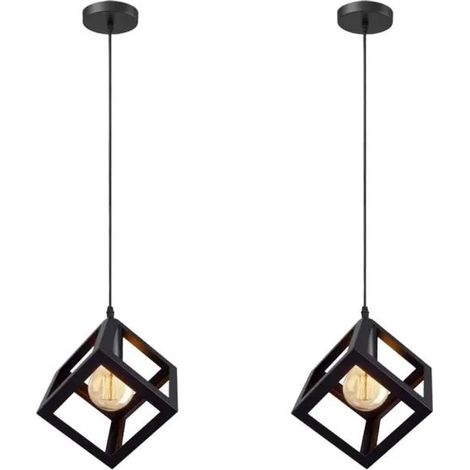 U-Do 2Pcs Lustre Suspension Carré en Fer Noir E27 Ajustable Lustre Plafonnier Exquise Lampe Intérieur design Vintage pour Cuisine (1/4)