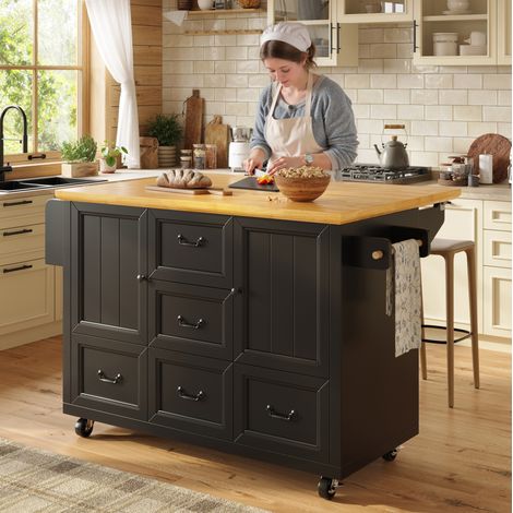 Kücheninsel, Schrank, Sideboard, 120x73(45) x 93 cm, ausziehbarer Küchenwagen auf Rollen mit Handtuchhalter und Gewürzregal, verstellbare Einlegeböden, zwei Türen, fünf Schubladen, weiß/schwarz (1/5)