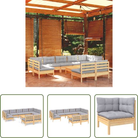 Terrassensofa - 10-tlg. Garten-Lounge-Set mit Grauen Kissen Kiefer Massivholz (1/5)