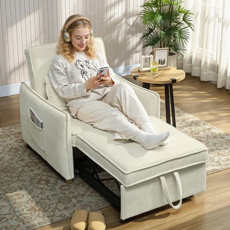 Fauteuil convertible 3 en 1 : fauteuil avec fonction lit et coussin lombaire, idéal pour le salon, couleur crème. (1/5)