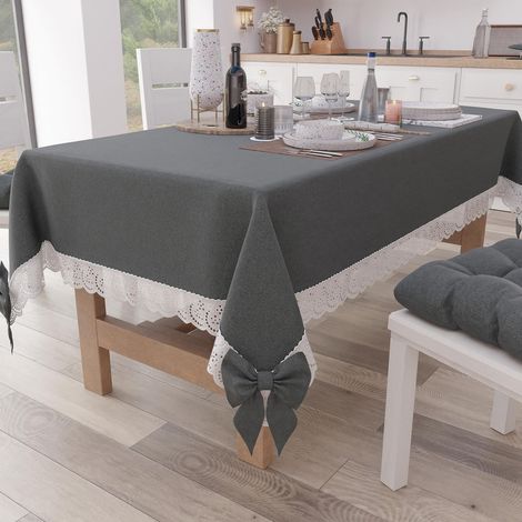 Nappe Rectangulaire Tissu avec Dentelle de Saint-Gall, Nappes de Table en Coton 12 Places, 140x240 cm, Gris Foncé, Accessoires De Cuisine (1/5)