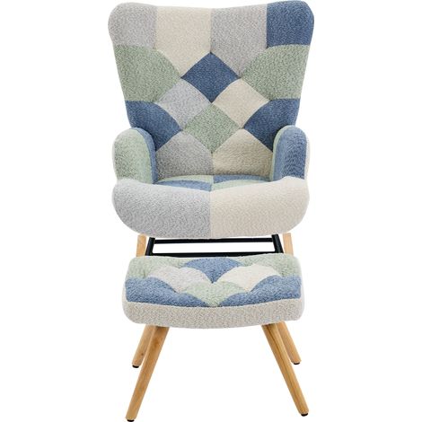 Fauteuil à bascule avec repose-pieds en tissu patchwork à carreaux, beige et bleu, charge jusqu'à 110 kg (1/5)