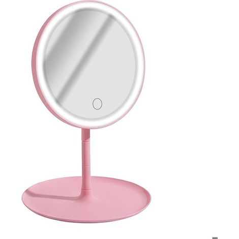 Miroir de maquillage - AVIZAR - Rond à LED sur pied - Commande frontale - Éclairage LED circulaire - Rose
