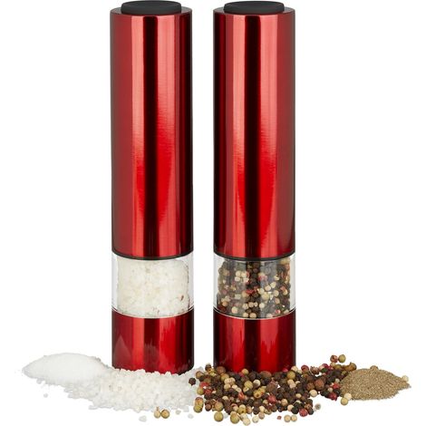 Moulin à sel électrique, poivre, épices, salière, poivrier inox, meule en céramique, lot de 2 LED piles, rouge, Plastique, 22 x 5 x 5 cm (1/5)