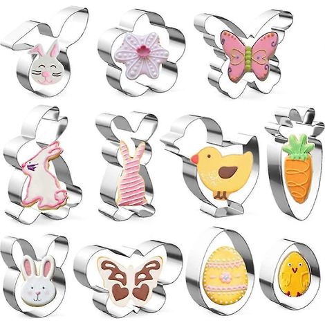 Oster-Ausstechformen-Set, 11-teilig, aus Edelstahl: Hase, Kaninchenkopf, Kaninchenohr, springender Hase, Osterei, Blume, Karotte, Küken und B (1/3)
