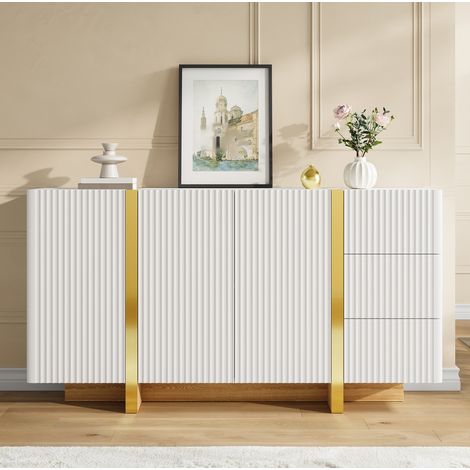 Sideboard mit 3 Türen und 3 Schubladen, 140 x 36 x 75 cm, weiß, goldene Zierkanten, OKMYHOME (1/5)