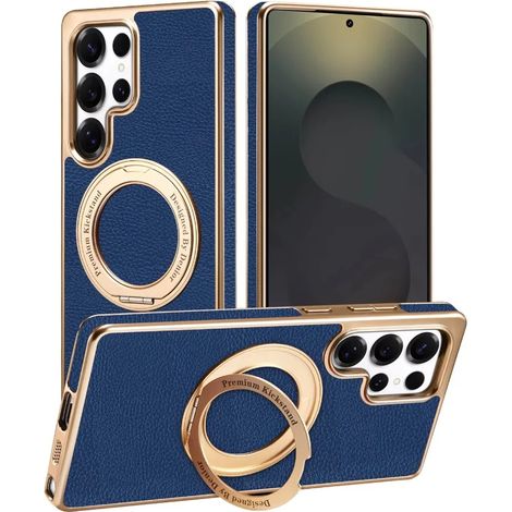 Étui de téléphone en similicuir avec support magnétique puissant et finition électroplaquée, pour Galaxy S25 Ultra (bleu), protection anti-traces de doigts. (1/5)
