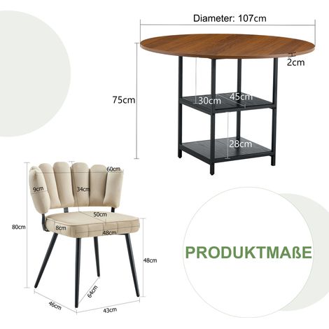 Set tavolo e 2 sedie da pranzo rotondo 107 cm effetto noce con doppio ripiano di stoccaggio (1/4)